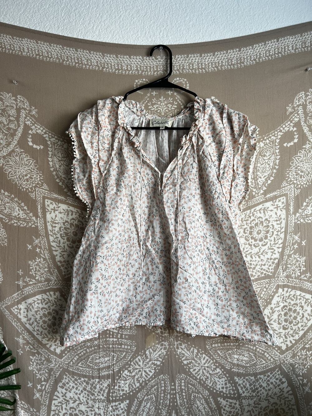 Cleobella Cream Floral Pom-Trim Peasant Blouse Size S
